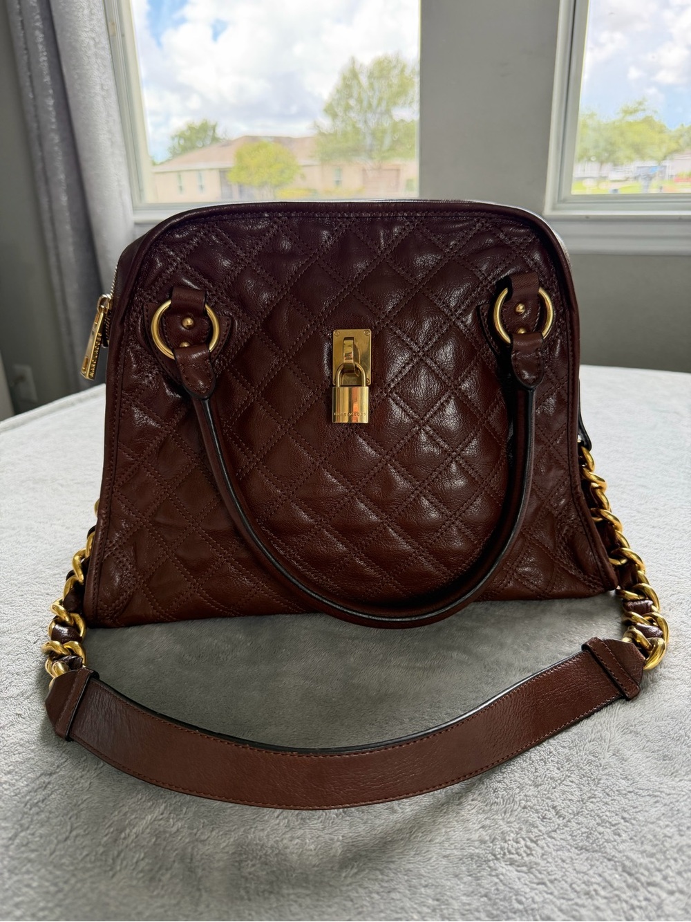 Marc Jacobs Quilted Dark Brown Leather Satchel with Gold Hardware